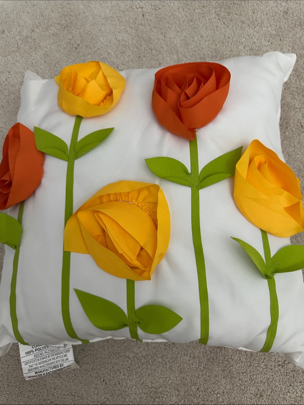 Decorative Flower Applique Throw Pillow - White with Yellow & Orange